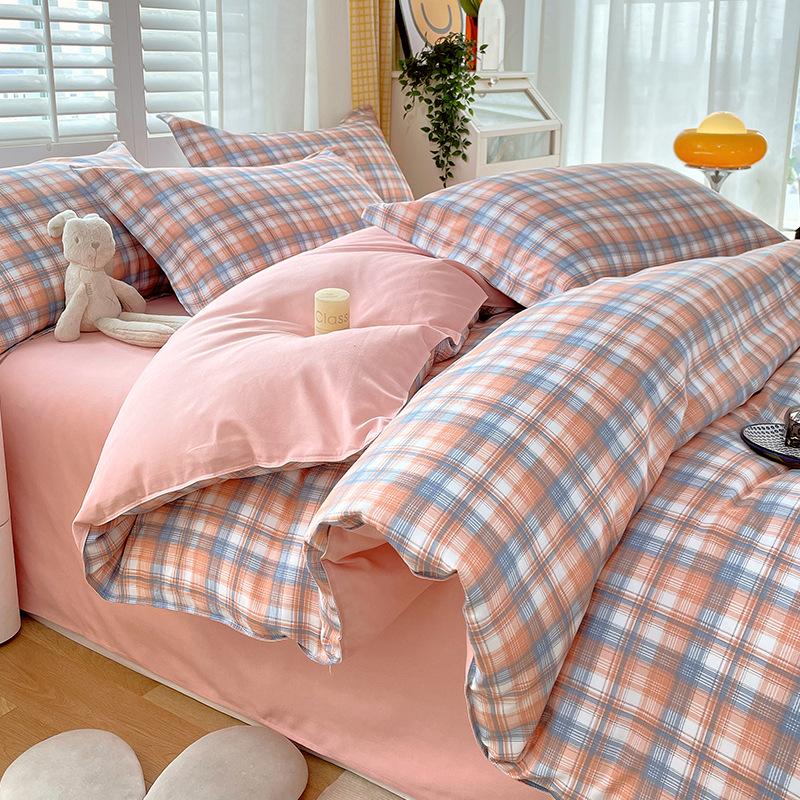 Muji Japanese Washed Cotton Flannel Plaid Bedding Set - 4 Pieces, Good Quality, Student Dormitory Style