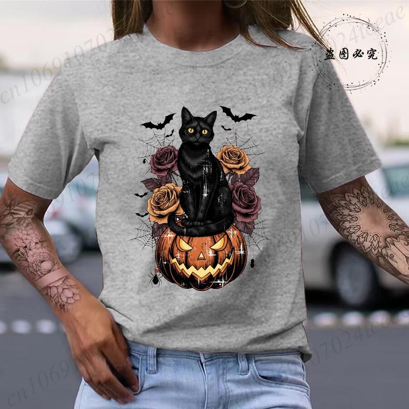 Halloween Skull Bow Pumpkin Shirt Funny Retro Black Cat Tee TShirts Spooky Season Graphic T Shirt for Unisex Short Sleeve Tops