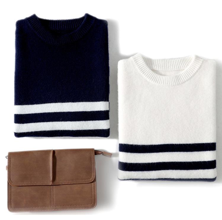 Men's Striped Pure Wool Round Neck Casual Thick Knit Sweater for Autumn & Winter