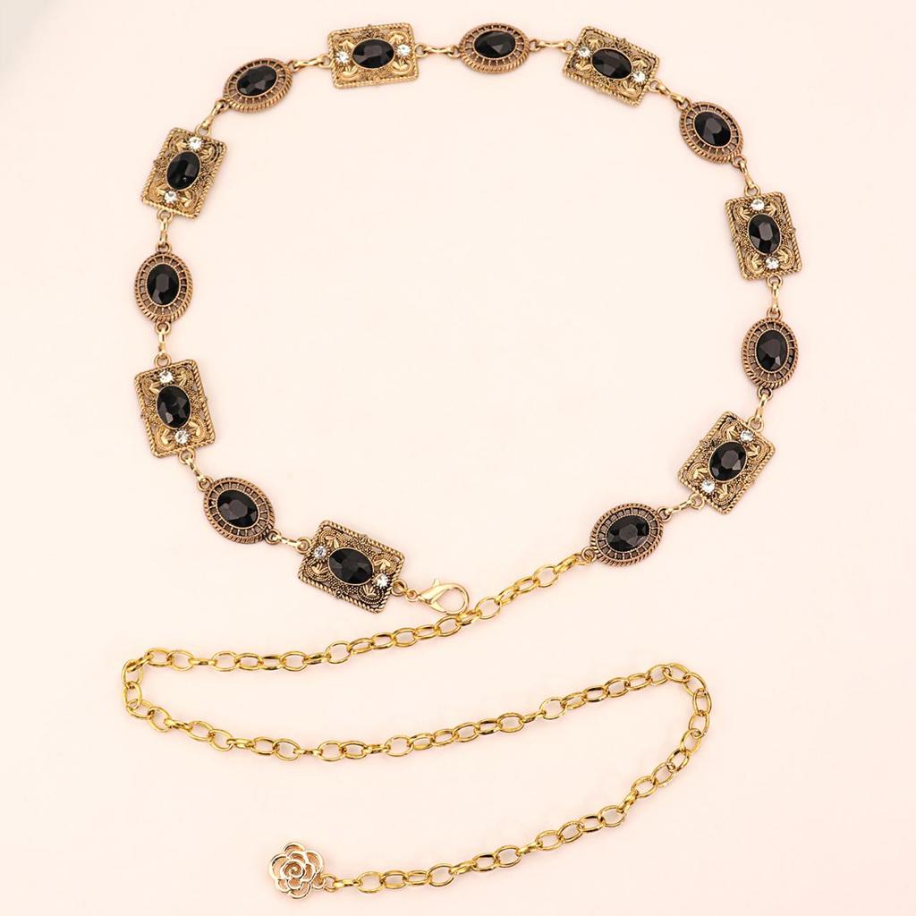 Gold Carved Rhinestone Chains Women Oval-shaped Metal Thin Bohemian Long Waist Chain Dress Shirt Decorative Strap Girdle