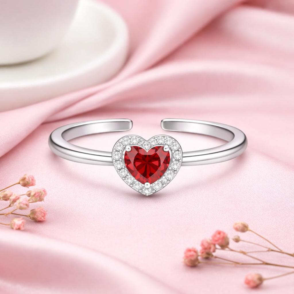 Red CZ Heart Halo Open Adjustable Ring –925 Sterling Silver