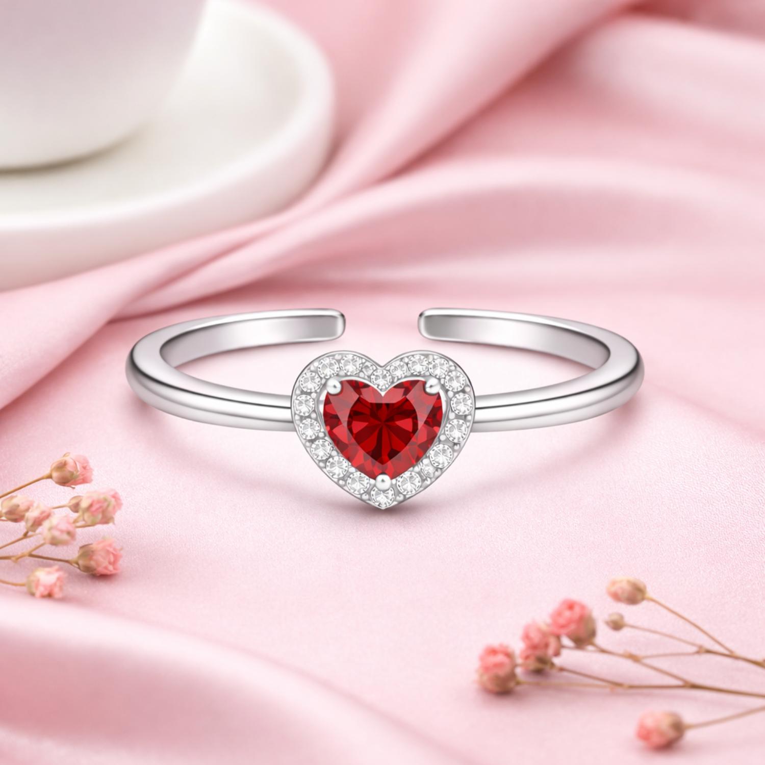 Red CZ Heart Halo Open  Adjustable Ring –925 Sterling Silver 10 белый