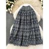 K-style Women's Retro Exquisite Hollow-out Embroider Skirt Women's Easiest for Match Elastic High Waist Slimming Mid Length Long Length A- line Skirt