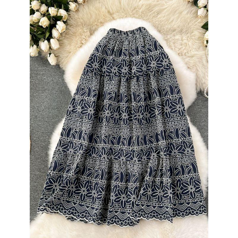 K-style Women's Retro Exquisite Hollow-out Embroider Skirt Women's Easiest for Match Elastic High Waist Slimming Mid Length Long Length A- line Skirt