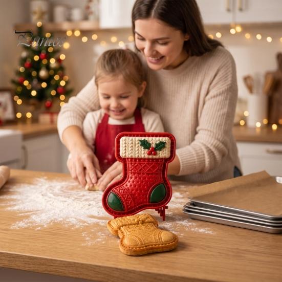 Party Snack Baking Kit Christmas Cookie Cutter, Push Type Integrated Mold, Plastic Holiday Biscuit Stampers Clay Decorating Tool for Kitchen Supplies