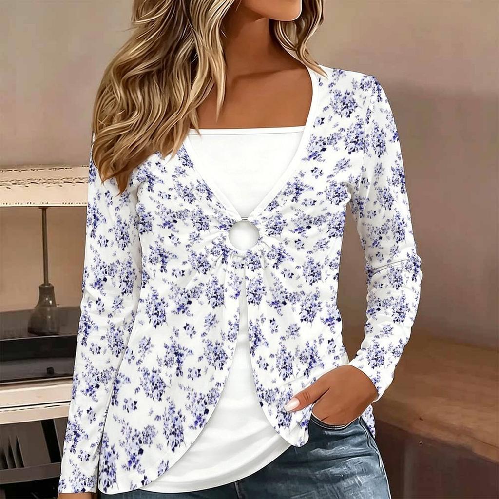 Tops for Women Floral Print Long Sleeve Fake Two‑Piece Top Fall Casual Slim Pullover Women's Long Sleeve Top