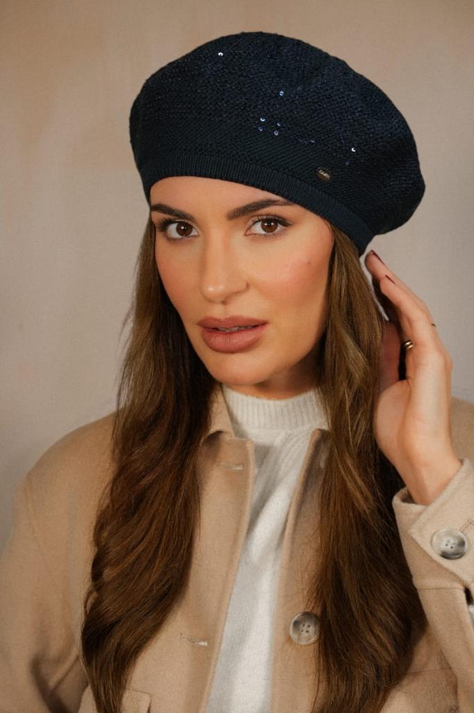Peony Sequin Beret with Soft Fleece Lining, Navy Blue
