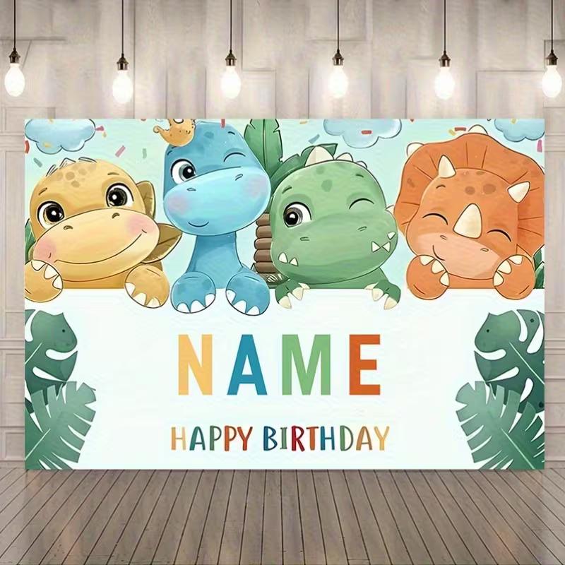 

Watercolor Style Dinosaur Birthday Backdrop, Customizable Name Cute Cartoon Dino Background with Tropical Leaves 47.2x31.5inch/120*80cm