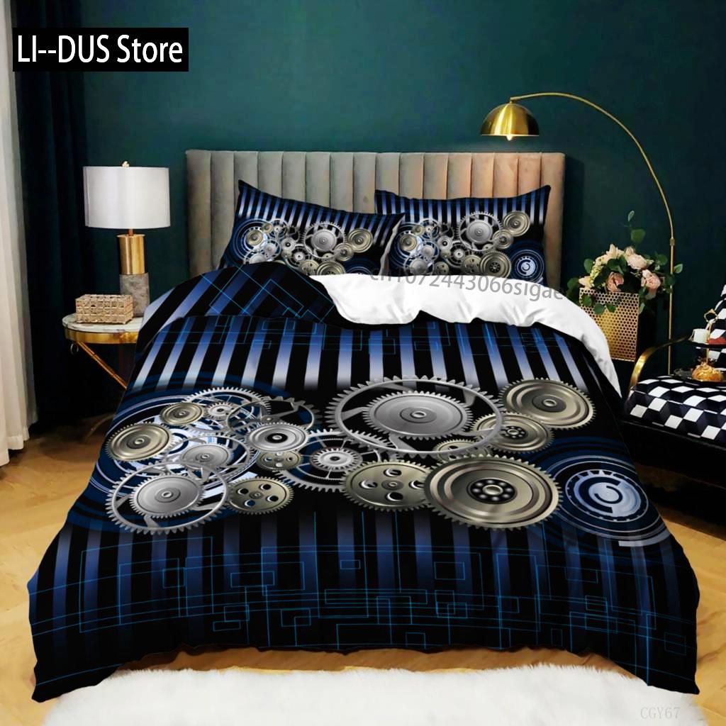 Gear Duvet Cover Set Colorful Gear Mechanical Device Bedding Set For Kids Boys Men Queen King Size Chic Microfiber Quilt Cover