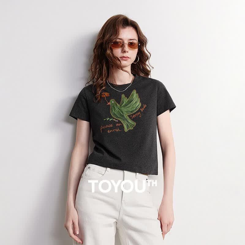 Chuyu Women s Floral Bird Print Cotton Short Sleeve T-Shirt XL