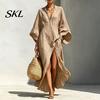 Comfortable Daily Wear Dress Women's Cotton Linen Maxi Dress, V Neck Batwing Sleeve Lightweight Summer High Split Loose Casual Beach Sundress