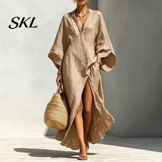 Comfortable Daily Wear Dress Women's Cotton Linen Maxi Dress, V Neck Batwing Sleeve Lightweight Summer High Split Loose Casual Beach Sundress
