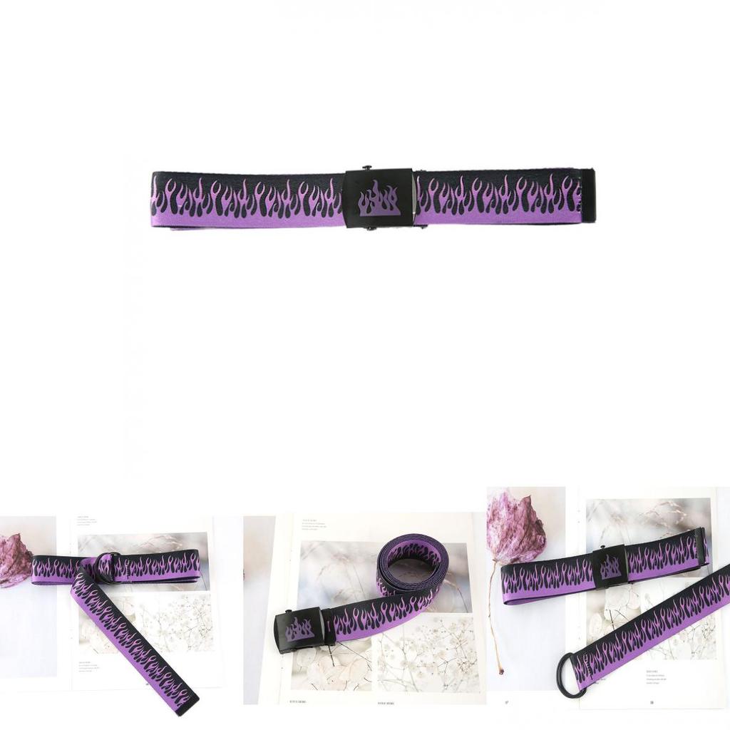 Hip Hop Purple Flame Canvas Belt With Smooth Iron Buckle For Men