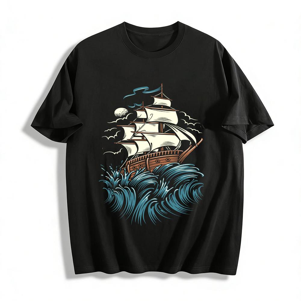 

Vintage Sailboat Breaking Waves Nautical Print Casual Tee Pure cotton T-shirt XXS