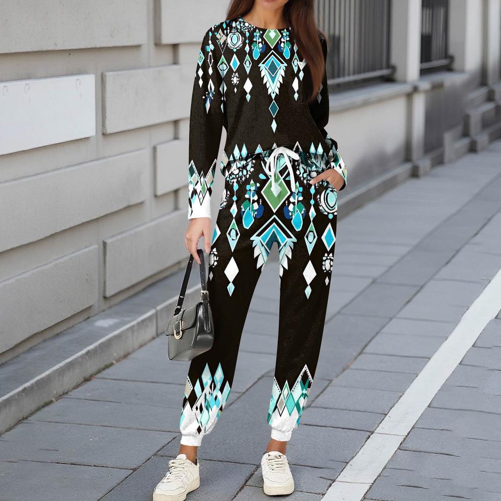 Sets For Women 2 Piece Round Neck Long Sleeve Shirts Printed Sweatpants Pocket Sets