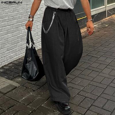 Men's Casual Elastic Waist Striped Long Wide Legs Pants Trousers
