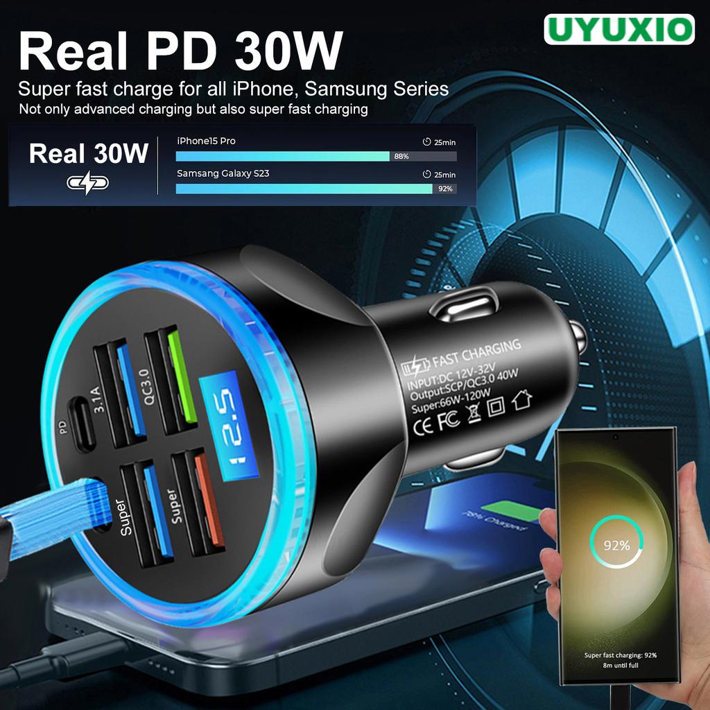 UYUXIO 6 In 1 USB C Car Charger with Voltage Display Multi Port Fast Charge Adapter with Volt Meter for iPhone 17 16 Samsung