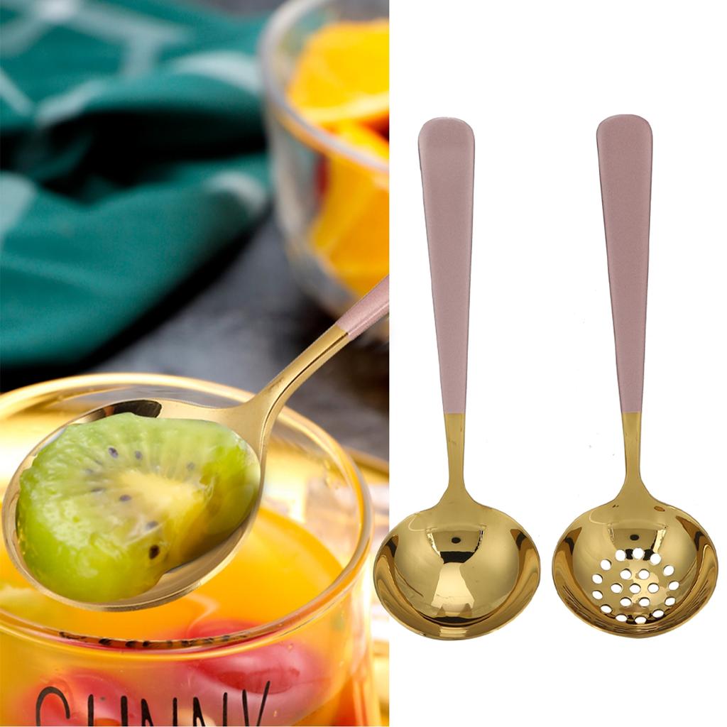 2PCS Stainless Steel Soup Spoon Slotted Spoon Skimmer Cutlery Tableware Sets Kitchen UtensilPink