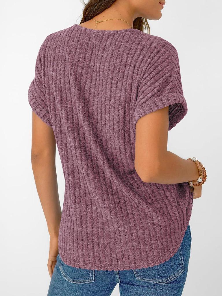 2026 Summer European & American Plus Size Women's V-neck Casual Brushed Solid Color T-shirt