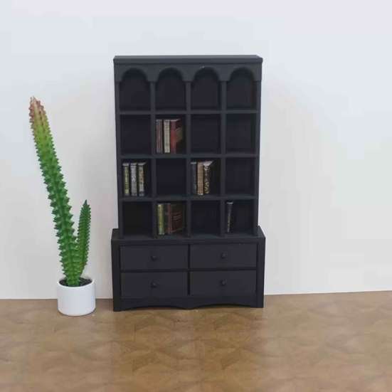 Figures Display Case Miniature Dollhouse Bookcase, 1:12 Scale Retro Arched Cabinet with Drawers, Sand Table Landscaping Props Matte Black Simulation