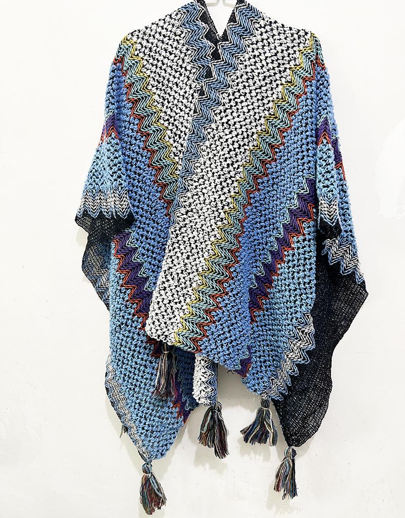 Винтажная этническая накидка-шаль с кисточками - Теплая, универсальная, верхняя одежда с длинным разрезом