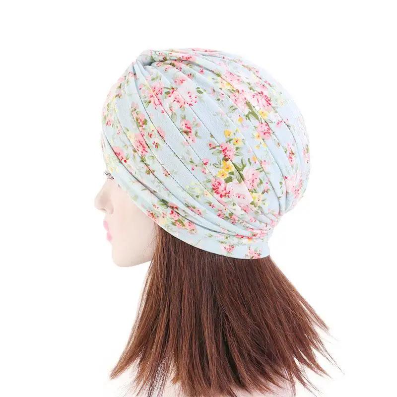 Indian Turban Muslim Women Hijab Floral Printed Hat Cancer Chemo Cap Islamic Hair Loss Cover Beanie Bonnet Head Scarf Pleated