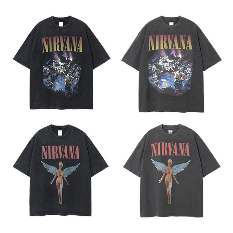 Maglietta a maniche lunghe band Nirvana vintage europeo e americano lavata effetto invecchiato maglietta a maniche corte Nirvana per uomo e donna