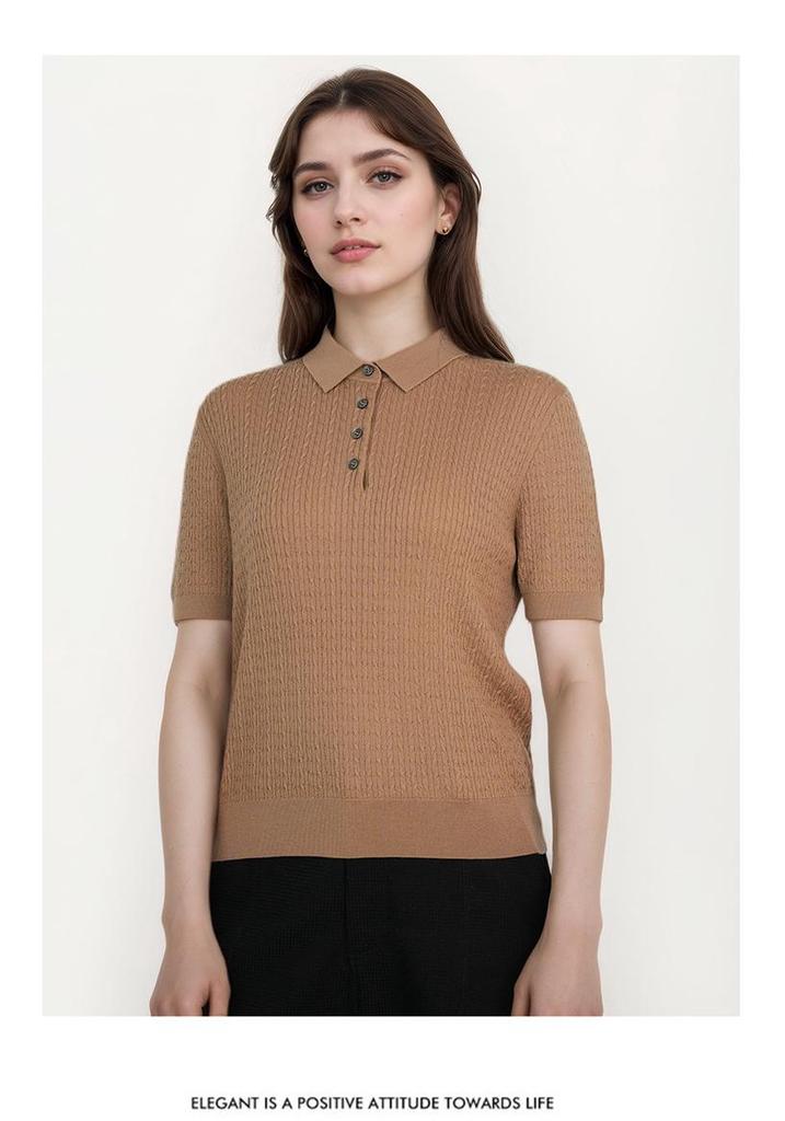 Women's Retro Flower Button Knit Polo Top - Machine Washable Wool, Short Sleeve, Lapel Collar for Autumn/Winter