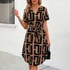 Women Summer Slim Fit V-Neck High Waist A-Line Plaid Dress Short Sleeve Mid Length Belt S-XL Seaside Vacation Dress