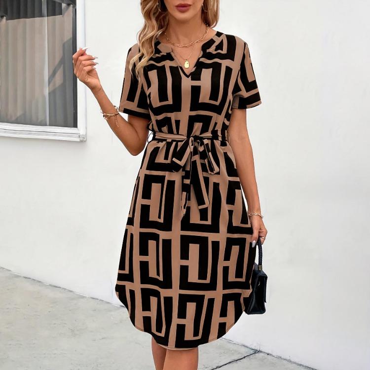 Women Summer Slim Fit V-Neck High Waist A-Line Plaid Dress Short Sleeve Mid Length Belt S-XL Seaside Vacation Dress