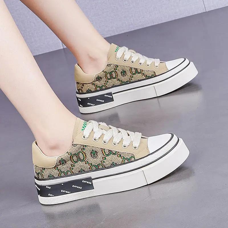 Fashion Whit Lace Up Female Footwear Sports Women's Shoes Low Canvas High On Platform Athletic Sneakers Light Cotton Casual Summer 2025