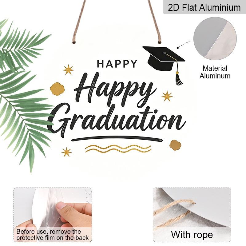 2D Flat Aluminum Graduation-themed Wall Hangings Available in Multiple Sizes Featuring A Simple Black and Gold "Happy Graduation" Design Are A