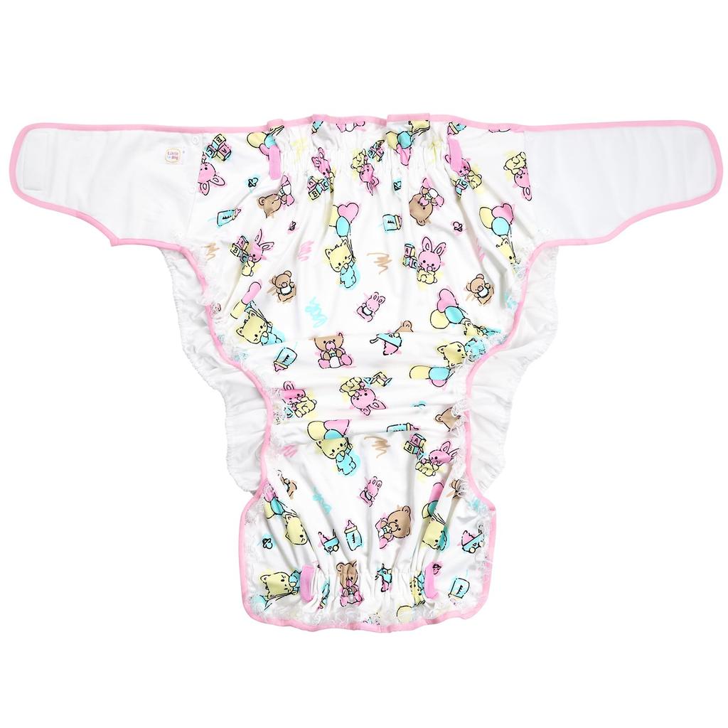 Littleforbig Adult Silky Cloth Diaper Cover for Daycare - Lace and Bow, Adjustable Waist, 3-Layer Breathable, Waterproof, Leakproof, Washable, Pink, S