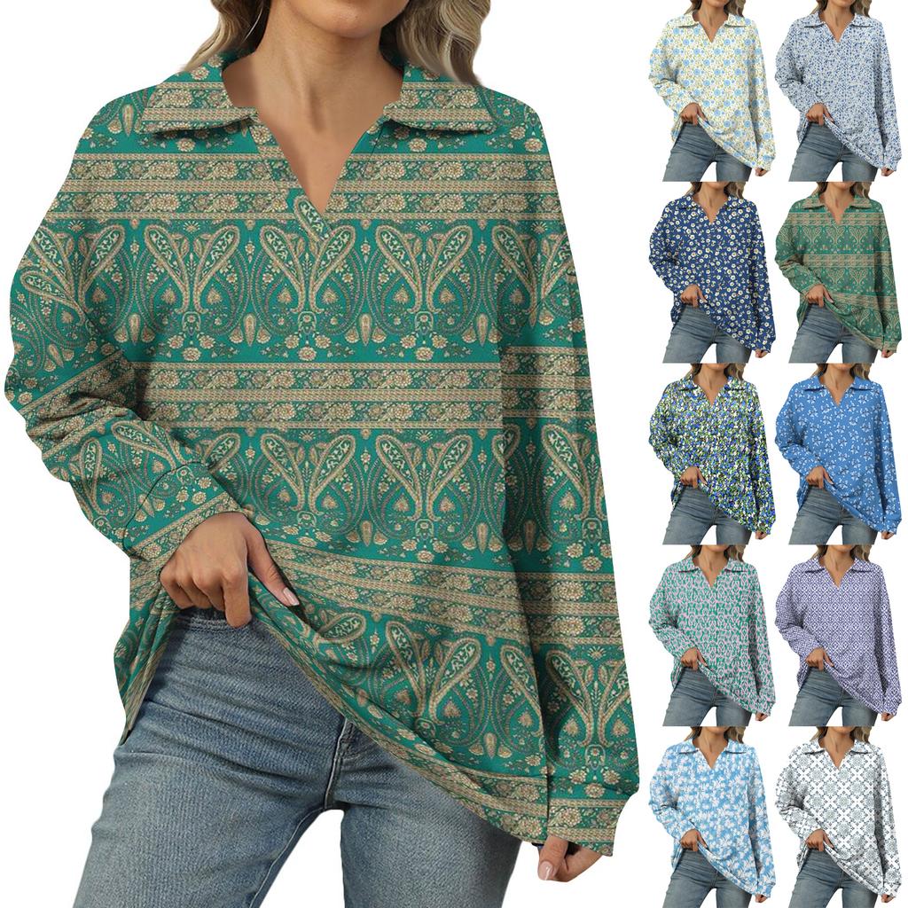Women's Summer Fashion Casual  Printed V-Neck Long Sleeve Shirt Top