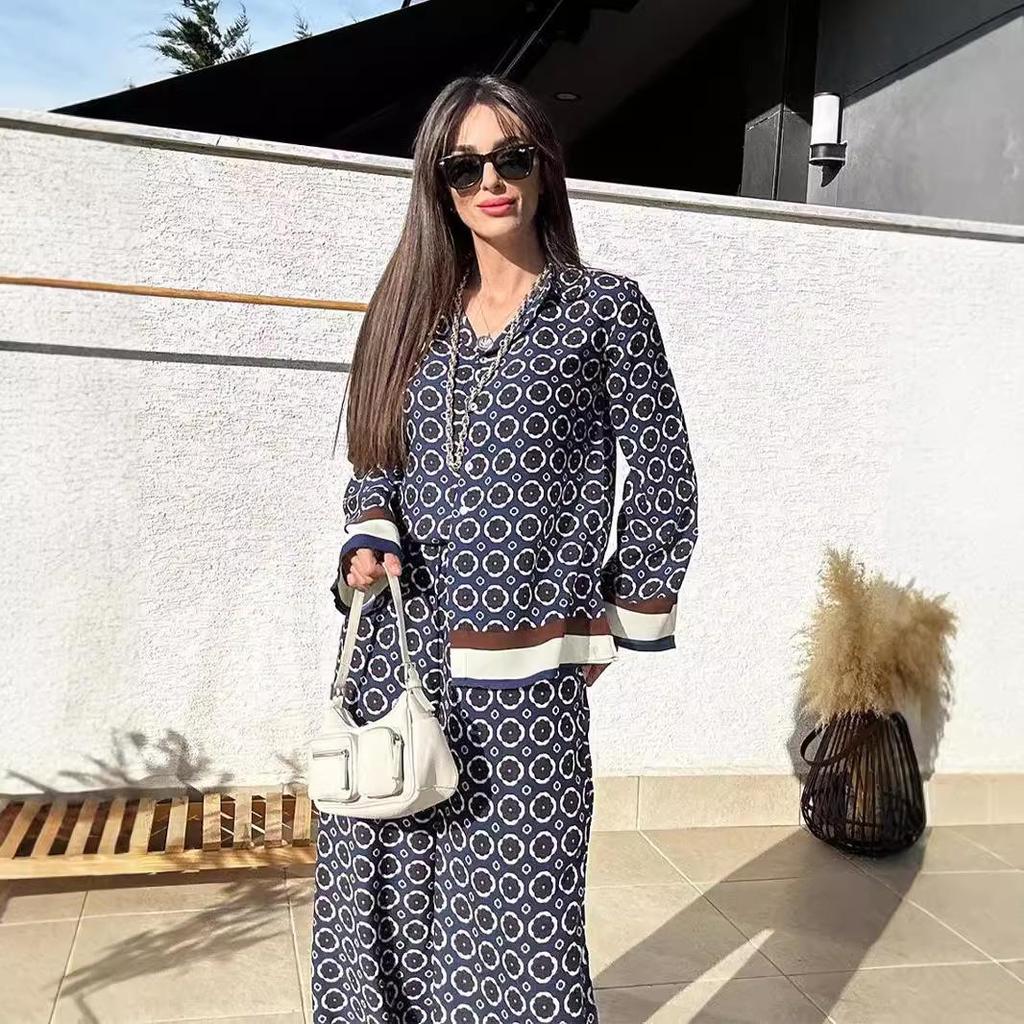 New European-American Fashion: Printed Long Sleeve Shirt & High Waist Pants Two-Piece Set for Women