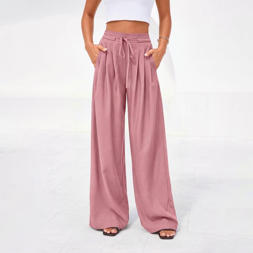 Women's Casual Pleated Wide Leg Pants with Pockets Elastic Waist Drawstring Loose Fit Trousers for Daily Wear