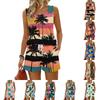Women's Summer Casual Shorts Two-Piece Set, Hawaiian Print Vest, Square Neck Sleeveless Sports Shirt with Pockets