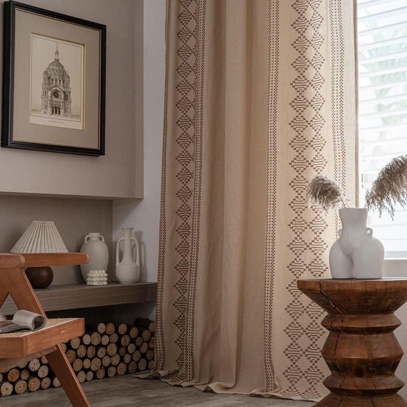 Cotton Linen American Geometry Home Window Curtain Embroidered Edge Blackout Drapes Curtains Living Room Bedroom Kitchen Window