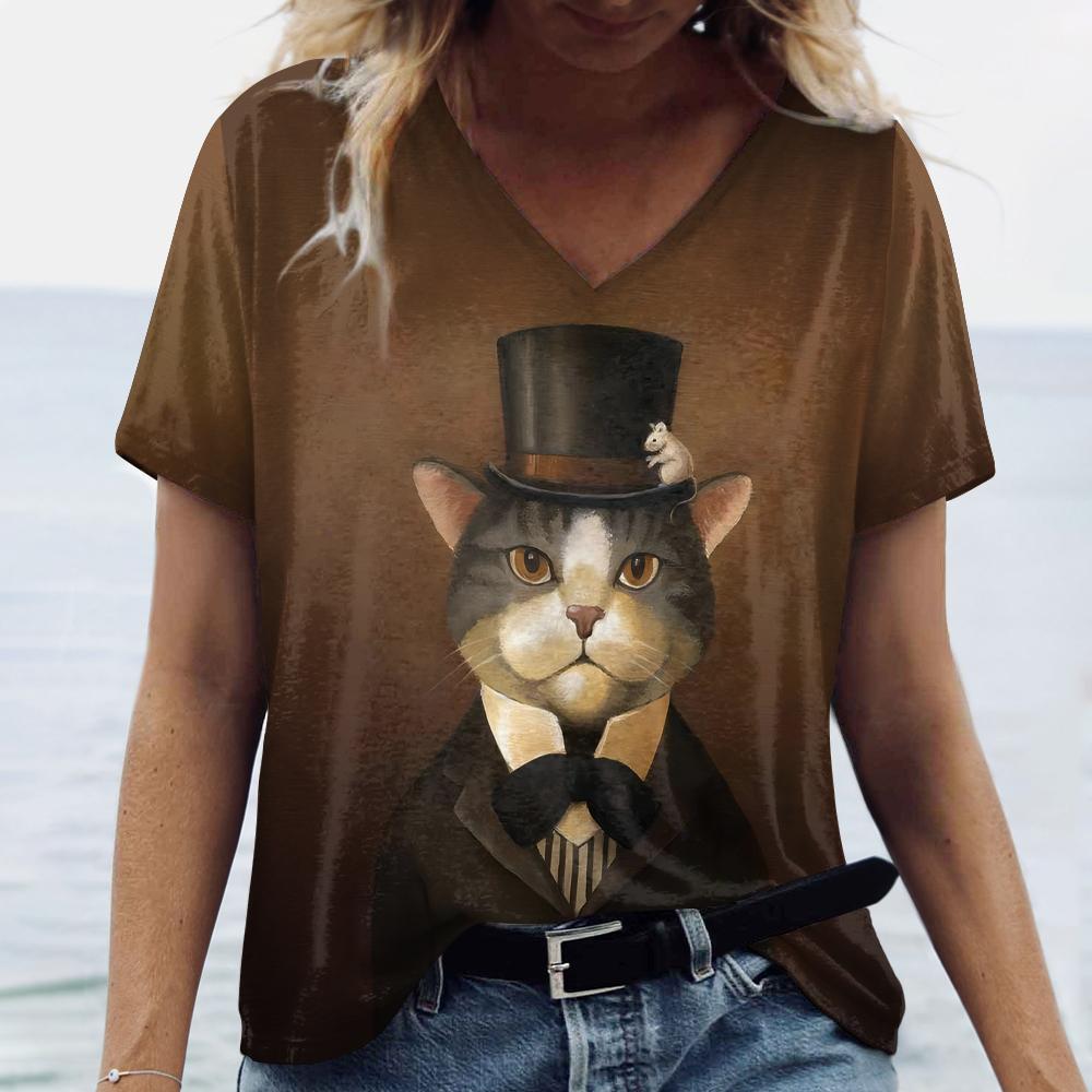 New Women's T-shirt Cartoon Cat print Vintage Plus Size Top Summer Women's Trending Clothes Fashion Short Sleeve Shirt V-neck