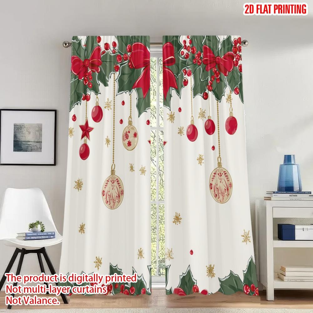 

Flat Printing Christmas Hot Party Curtains Holly Bow Ornaments Digital Printed Polyester Drapes Festive Wall Set Of 2 Made W100*H70(CM)-Rod Pocket&2PCS
