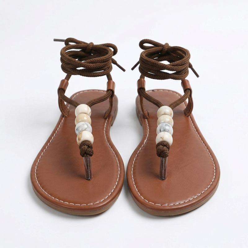 

2026 Plus Size Pearl Boho Lightweight Toe-in Sandals Women s Outer Wear Comfortable Foot Lace-up Flats 43 коричневий