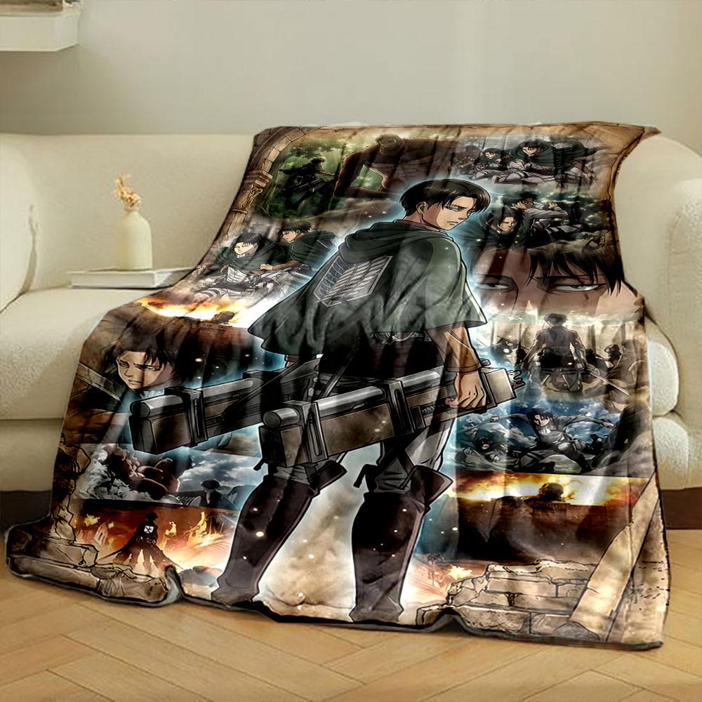 A Character with Gear Faces Dynamic Battle Scenes and Towering Titans. for All Seasons Blanket Lunch Break Throw Gift