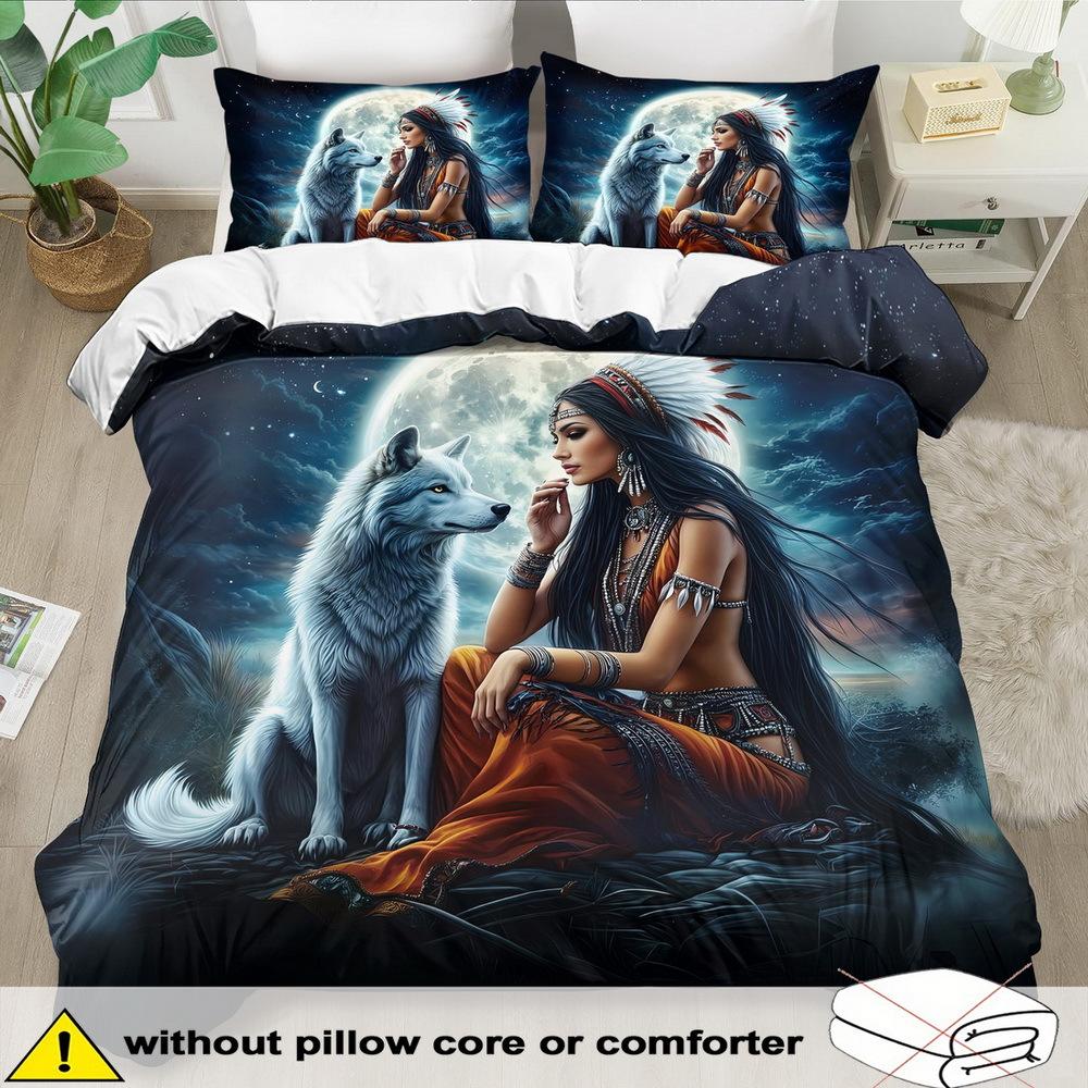 Indian Beauty and Wolf Themed Duvet Cover Set - 2/3pcs, Soft, Comfortable, and Breathable, Indian Wolf Pattern Printed Bedding, Beauty and W 200x220cm