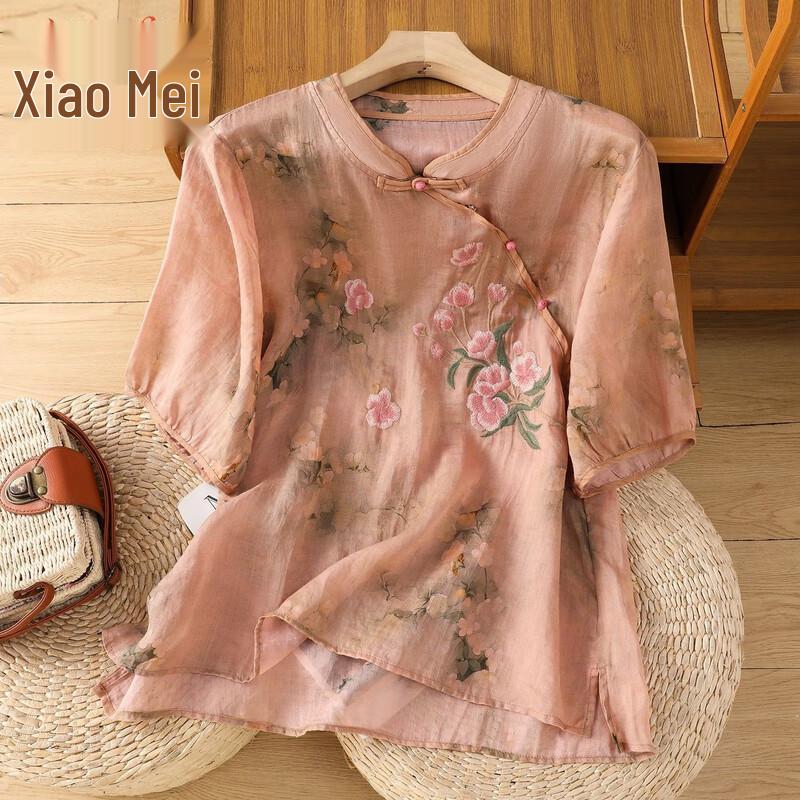 

New Chinese Style Floral Short Sleeve Top 2XL