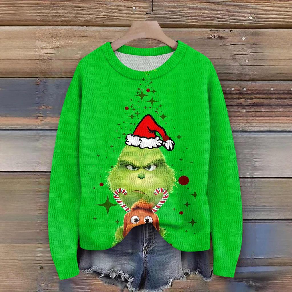 Long Sleeve Pullover Sweaters For Women O Neck Casual Cute Printing Knit Oversized Sweater