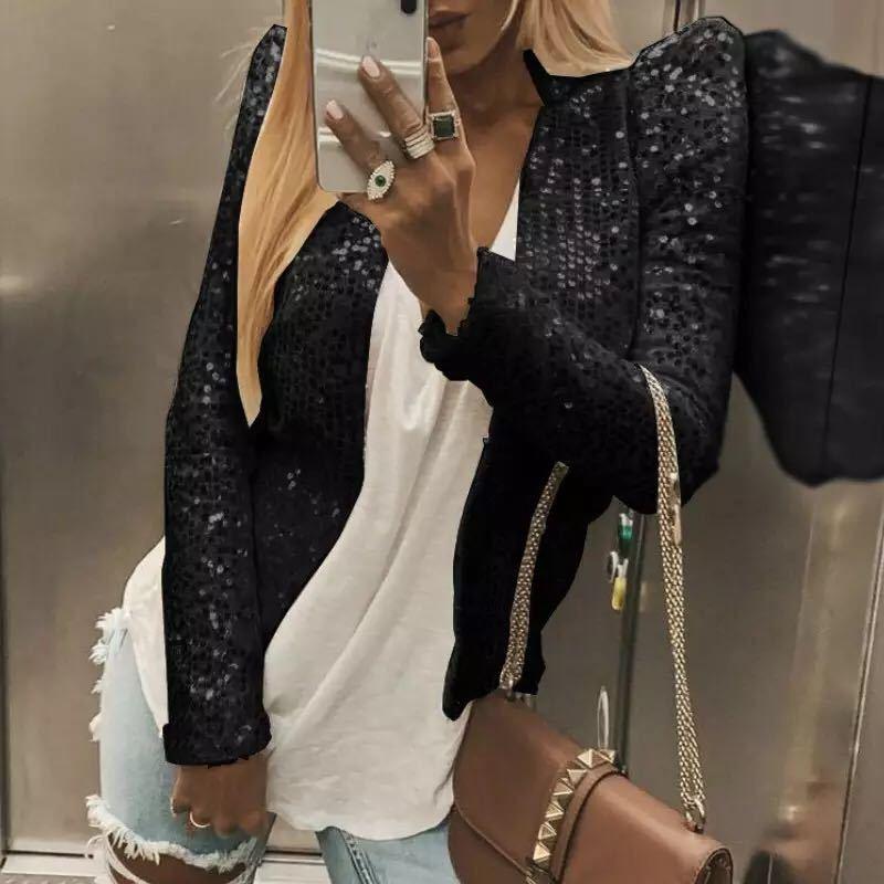 Chic Shiny Sequins Casual Jacket Women Fashion Sparkly Glitter Short Coats Slim Fit Long Sleeves Open Front Cardigan Outwear