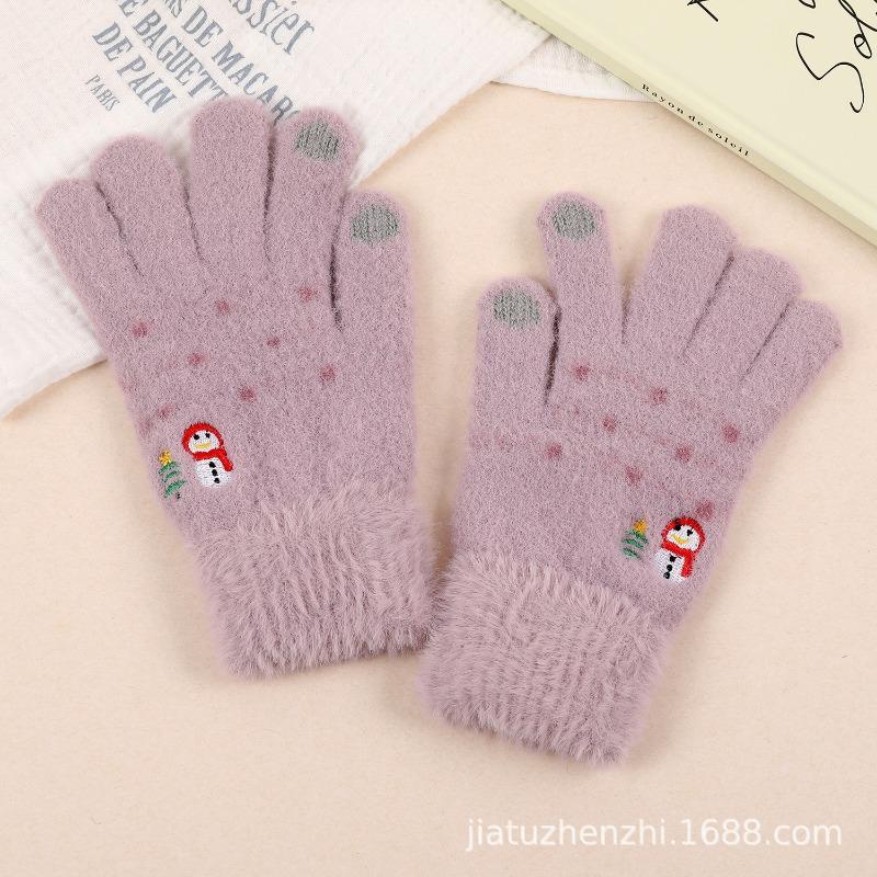 Christmas Atmosphere Can Be Cute Snowman Embroidered Plush Gloves Women's Winter Plush Thermal Gloves