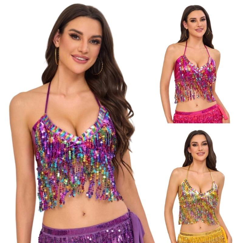 Belly Dance Bandage Glitter Bra Top with Chest Pad Women Belly Dance Costumes for Cosplay Halloween Performances Stage
