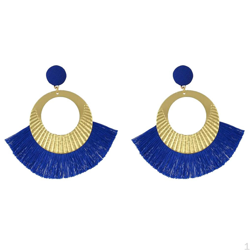 

1 Pair Vintage Earrings Bohemia Fan Tassel Thread Fashion Ornament For Women Blue