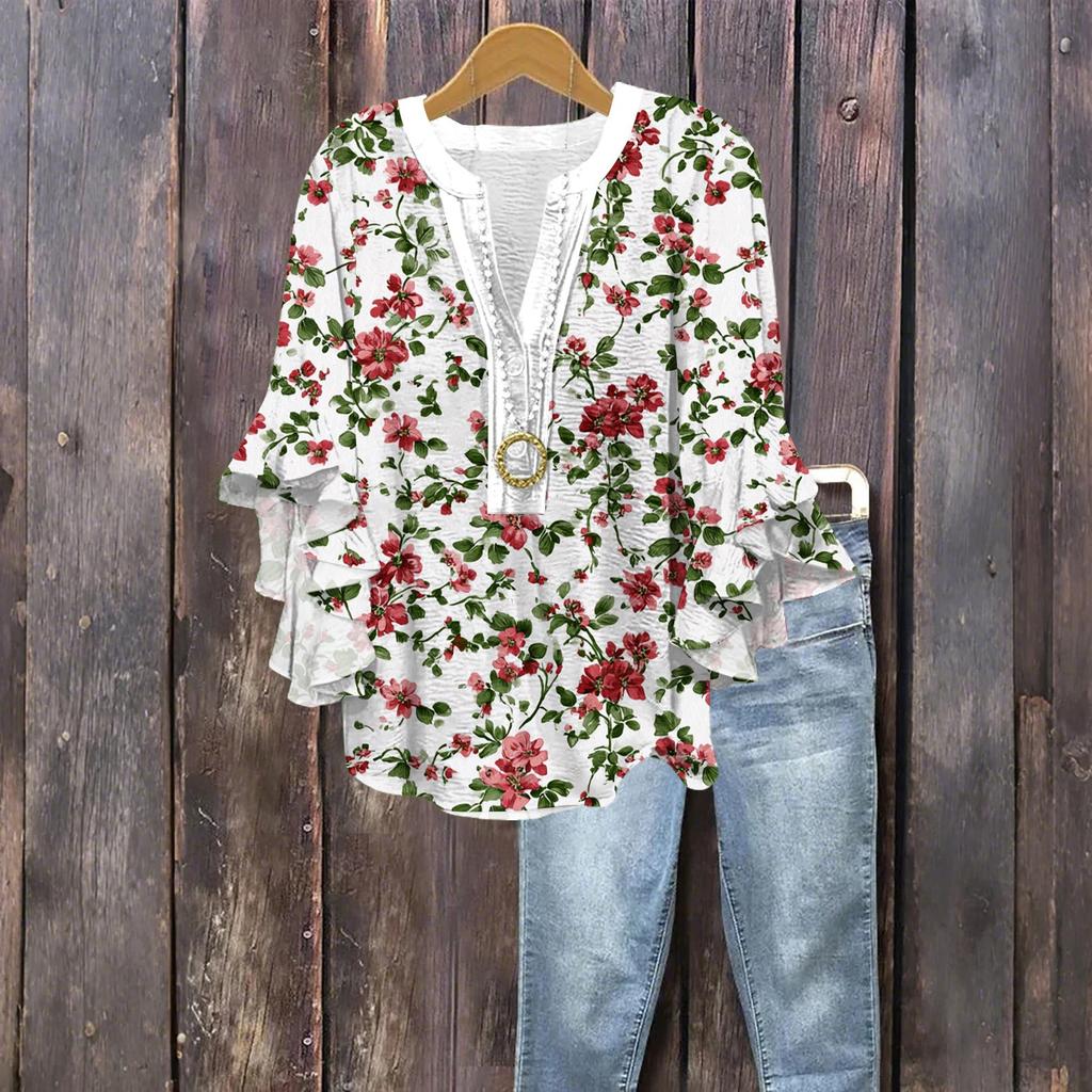 Women's Fashion Button V-Neck Ruffle Seven Sleeve Blouse Floral Printed Top